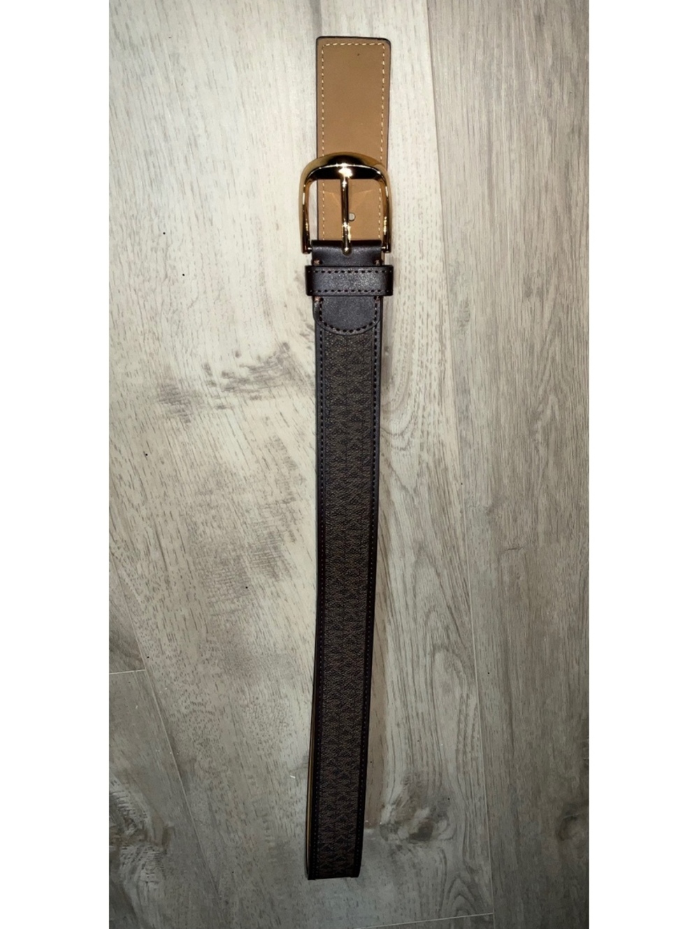 Michael Kors Brown Logo Patterned Belt with Gold Buckle